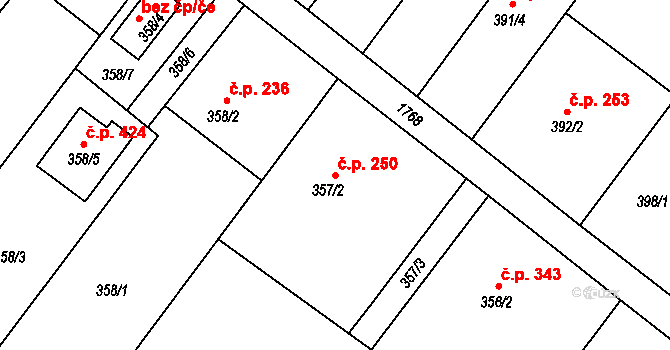Kozmice 250 na parcele st. 357/2 v KÚ Kozmice, Katastrální mapa