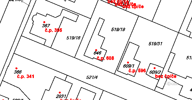 Neratovice 608 na parcele st. 646 v KÚ Neratovice, Katastrální mapa