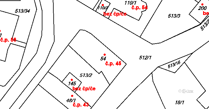 Mnětice 45, Pardubice na parcele st. 54 v KÚ Mnětice, Katastrální mapa