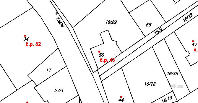 Klenovka 43, Přelouč na parcele st. 56 v KÚ Klenovka, Katastrální mapa