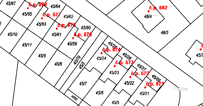 Postřelmov 574 na parcele st. 45/24 v KÚ Postřelmov, Katastrální mapa