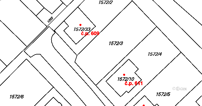 Hrušky 610 na parcele st. 1572/42 v KÚ Hrušky, Katastrální mapa