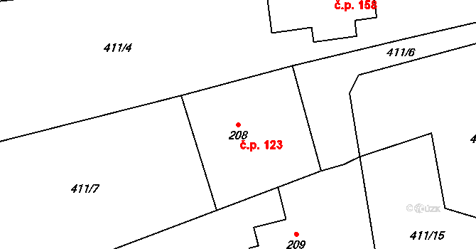 Špičák 123, Železná Ruda na parcele st. 208 v KÚ Špičák, Katastrální mapa