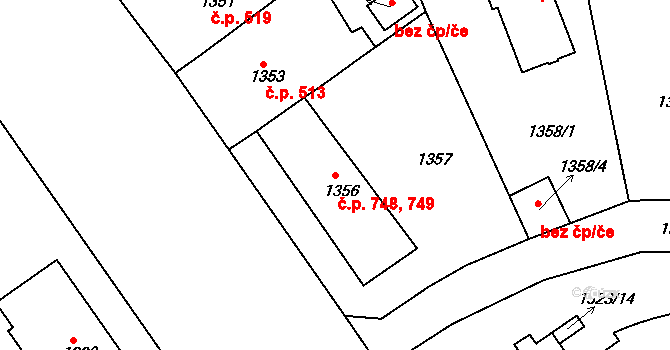 Roztoky 748,749 na parcele st. 1356 v KÚ Roztoky u Prahy, Katastrální mapa