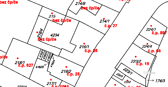 Kyjov 26 na parcele st. 216/1 v KÚ Kyjov, Katastrální mapa