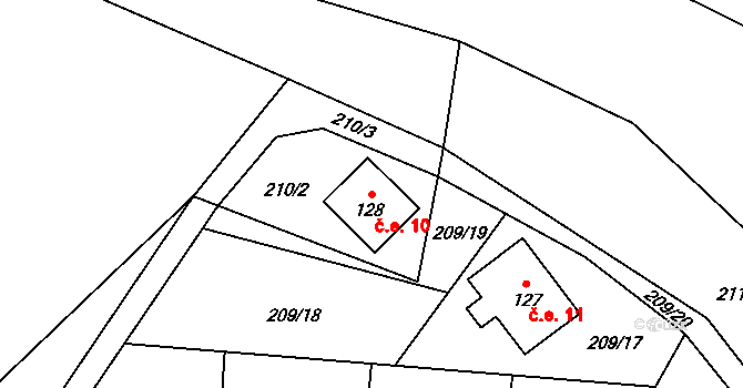 Pelíškův Most 10, Tichonice na parcele st. 128 v KÚ Tichonice, Katastrální mapa