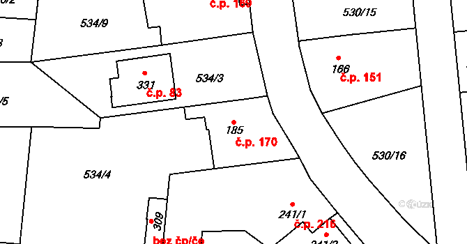 Tetín 170 na parcele st. 185 v KÚ Tetín u Berouna, Katastrální mapa