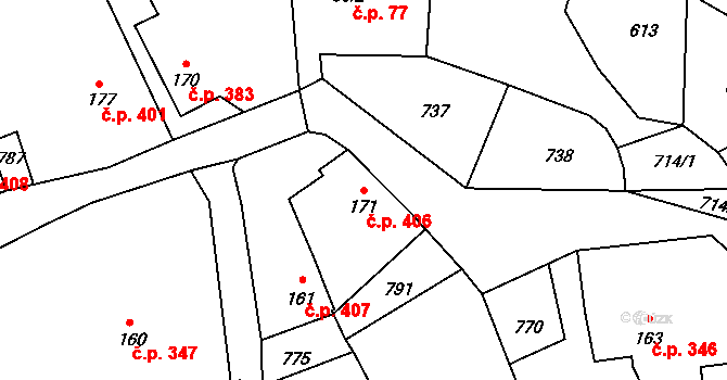 Polánky nad Dědinou 406, Třebechovice pod Orebem na parcele st. 171 v KÚ Polánky nad Dědinou, Katastrální mapa