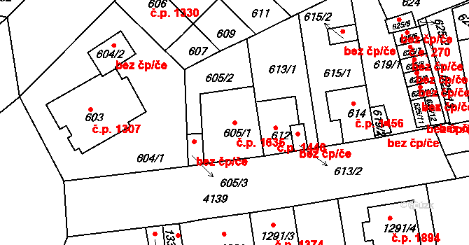 Roudnice nad Labem 1635 na parcele st. 605/1 v KÚ Roudnice nad Labem, Katastrální mapa
