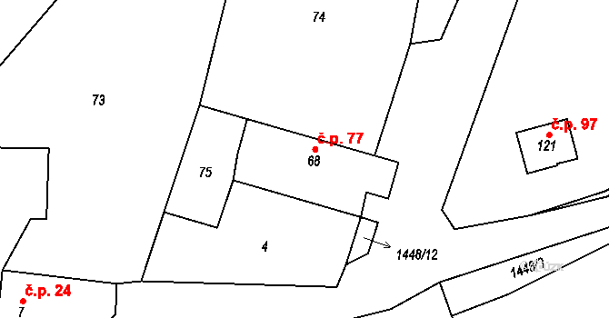 Doubravice 77 na parcele st. 68 v KÚ Doubravice u Strakonic, Katastrální mapa