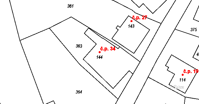 Suchá 34, Litomyšl na parcele st. 144 v KÚ Záhraď, Katastrální mapa