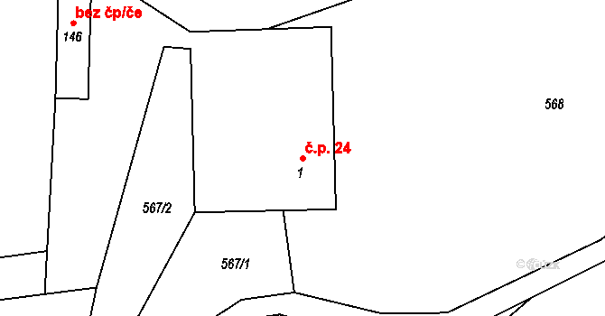 Horní Poříčí 24 na parcele st. 1 v KÚ Horní Poříčí u Letovic, Katastrální mapa