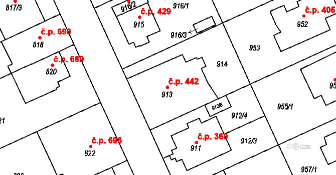 Chodov 442, Praha na parcele st. 913 v KÚ Chodov, Katastrální mapa
