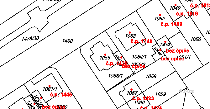 Chomutov 1438 na parcele st. 1055 v KÚ Chomutov I, Katastrální mapa