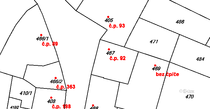 Blučina 92 na parcele st. 467 v KÚ Blučina, Katastrální mapa