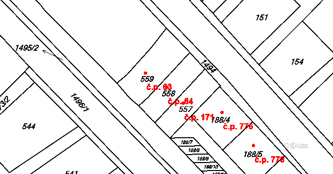 Troubsko 64 na parcele st. 558 v KÚ Troubsko, Katastrální mapa