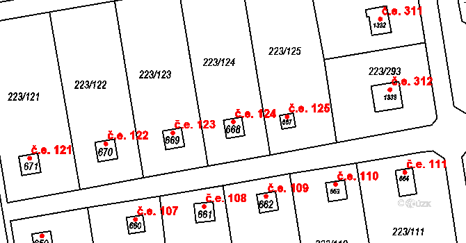 Malšovice 124, Hradec Králové na parcele st. 668 v KÚ Malšovice u Hradce Králové, Katastrální mapa