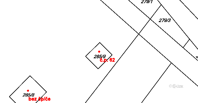 Henčov 62, Jihlava na parcele st. 285/9 v KÚ Henčov, Katastrální mapa