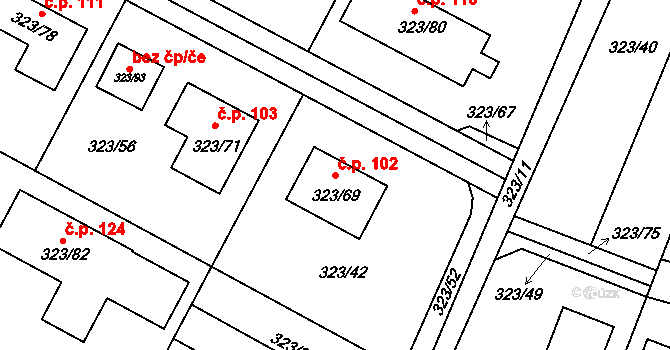 Hvozdec 102 na parcele st. 323/69 v KÚ Hvozdec u Veverské Bítýšky, Katastrální mapa