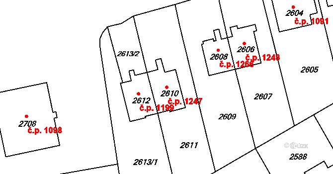 Žďár nad Sázavou 5 1247, Žďár nad Sázavou na parcele st. 2610 v KÚ Město Žďár, Katastrální mapa