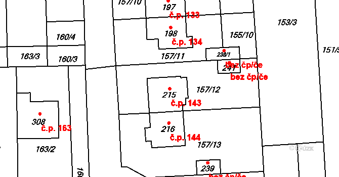 Nevojice 143 na parcele st. 215 v KÚ Nevojice, Katastrální mapa