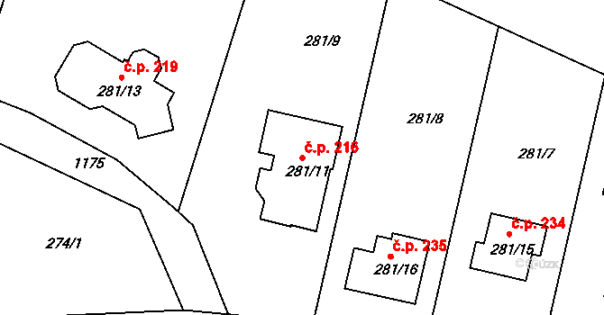 Dolní Ves 216, Fryšták na parcele st. 281/11 v KÚ Dolní Ves, Katastrální mapa