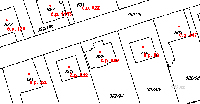 Rudná 942 na parcele st. 822 v KÚ Dušníky u Rudné, Katastrální mapa