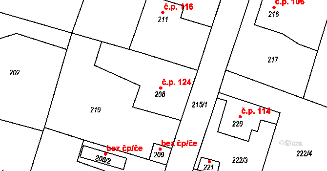 Bušovice 124 na parcele st. 208 v KÚ Bušovice, Katastrální mapa