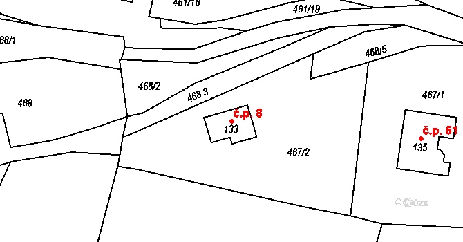 Kamenec 8 na parcele st. 133 v KÚ Kamenec u Radnic, Katastrální mapa