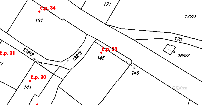 Žádlovice 33, Loštice na parcele st. 145 v KÚ Žádlovice, Katastrální mapa