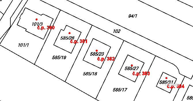 Holubice 382 na parcele st. 585/23 v KÚ Holubice, Katastrální mapa