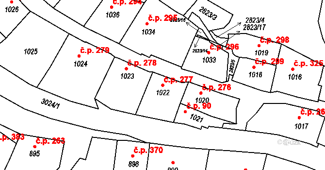 Štramberk 277 na parcele st. 1022 v KÚ Štramberk, Katastrální mapa