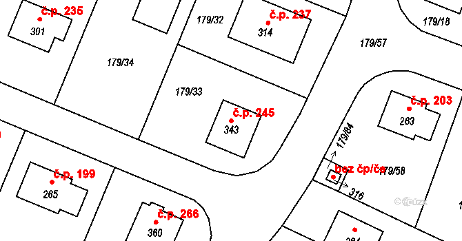 Břežany II 245 na parcele st. 343 v KÚ Břežany II, Katastrální mapa