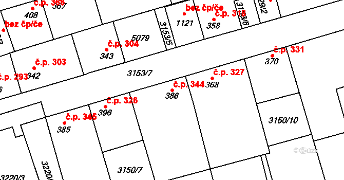 Kryry 344 na parcele st. 386 v KÚ Kryry, Katastrální mapa