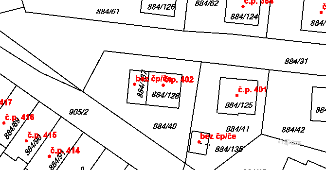 Štěnovice 402 na parcele st. 884/128 v KÚ Štěnovice, Katastrální mapa