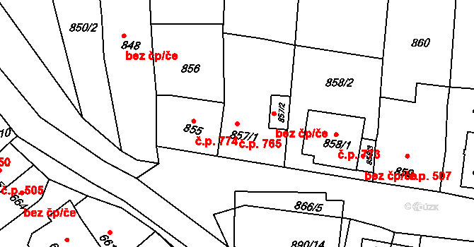 Klobouky u Brna 765 na parcele st. 857/1 v KÚ Klobouky u Brna, Katastrální mapa