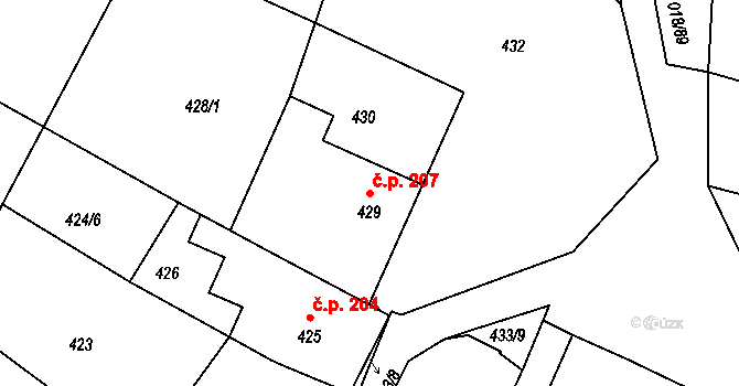 Rychlov 207, Bystřice pod Hostýnem na parcele st. 429 v KÚ Rychlov u Bystřice pod Hostýnem, Katastrální mapa