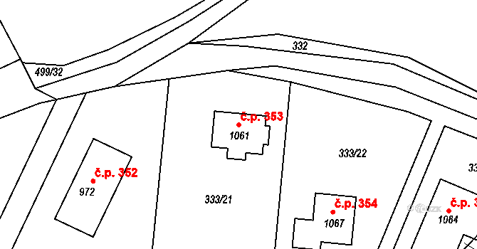 Nová Ves pod Pleší 353 na parcele st. 1061 v KÚ Nová Ves pod Pleší, Katastrální mapa