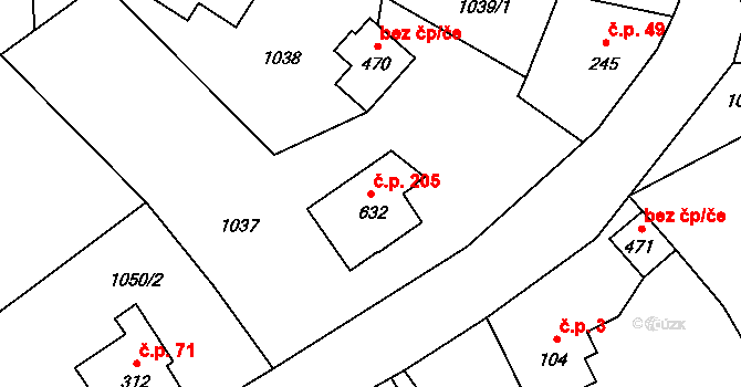 Alšovice 205, Pěnčín na parcele st. 632 v KÚ Alšovice, Katastrální mapa