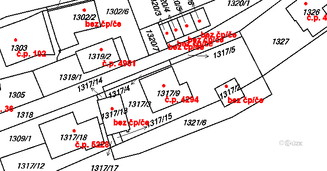 Mšeno nad Nisou 4294, Jablonec nad Nisou na parcele st. 1317/9 v KÚ Mšeno nad Nisou, Katastrální mapa