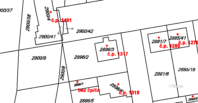 Dubňany 1317 na parcele st. 2896/3 v KÚ Dubňany, Katastrální mapa