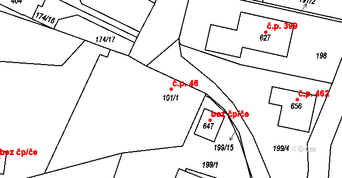 Předměřice nad Labem 46 na parcele st. 101/1 v KÚ Předměřice nad Labem, Katastrální mapa