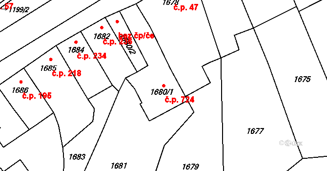 Velká Bystřice 724 na parcele st. 1680/1 v KÚ Velká Bystřice, Katastrální mapa