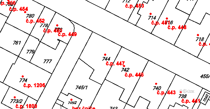 Černá Pole 447, Brno na parcele st. 744 v KÚ Černá Pole, Katastrální mapa