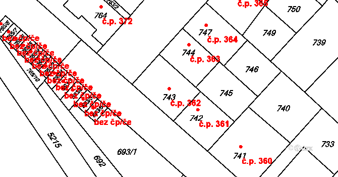 Místek 362, Frýdek-Místek na parcele st. 743 v KÚ Místek, Katastrální mapa
