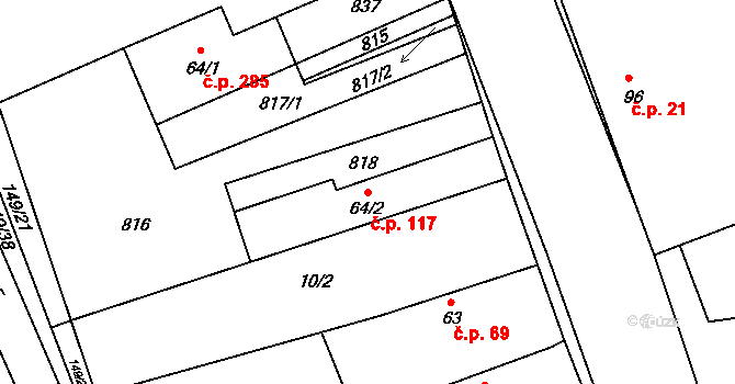 Luštěnice 117 na parcele st. 64/2 v KÚ Luštěnice, Katastrální mapa
