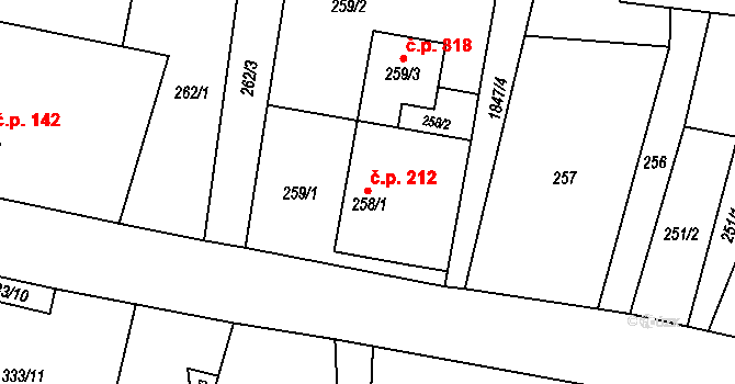 Suchdol nad Lužnicí 212 na parcele st. 258/1 v KÚ Suchdol nad Lužnicí, Katastrální mapa