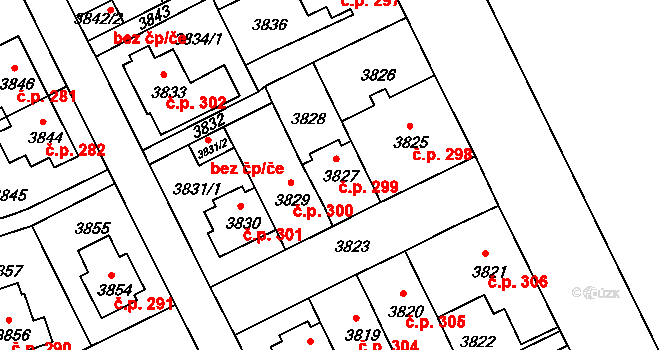 Záběhlice 299, Praha na parcele st. 3827 v KÚ Záběhlice, Katastrální mapa