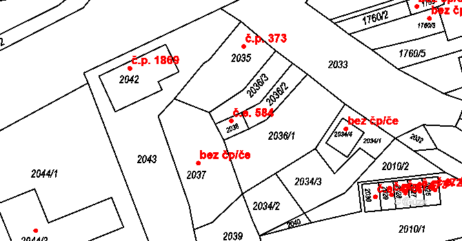 Jirkov 584 na parcele st. 2038 v KÚ Jirkov, Katastrální mapa