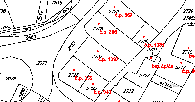 Vsetín 1097 na parcele st. 2727 v KÚ Vsetín, Katastrální mapa